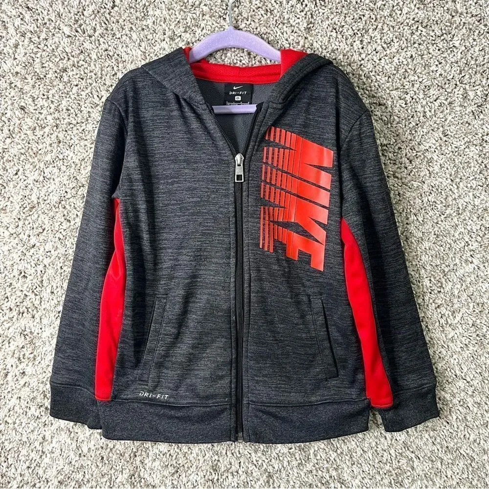 Nike Jacket Boys 7/Large Dri-Fit Dark Gray and Red Zip Up Training Hooded